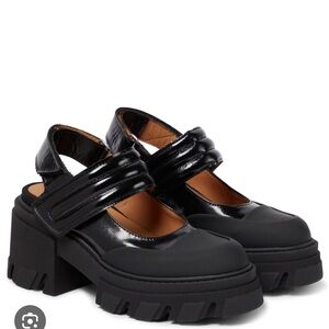 Ganni Black Patent leather Mary Janes slingbacks sandals shoes 37